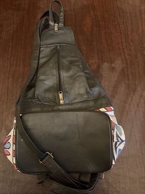 Black Leather embroidered Backpack-boho